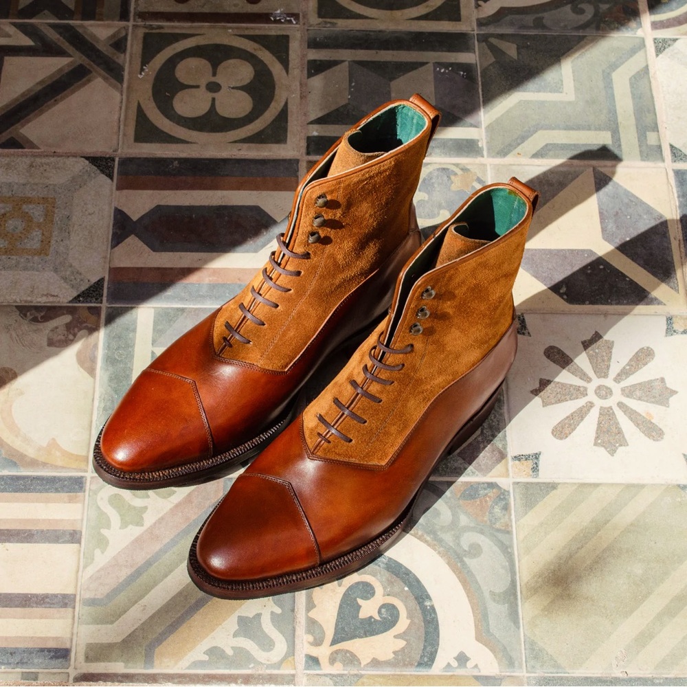 The Panuncio Bolivar Balmoral Boot in brandy colored suede/leather combo.